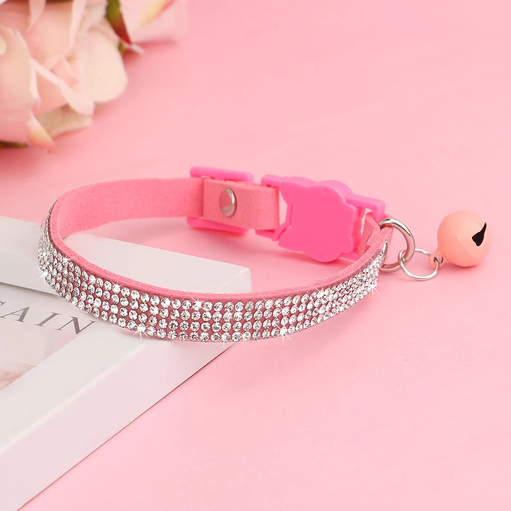 Suede leather cat collar – bling rhinestone with bell, safety breakaway, adjustable XS/S, pink™