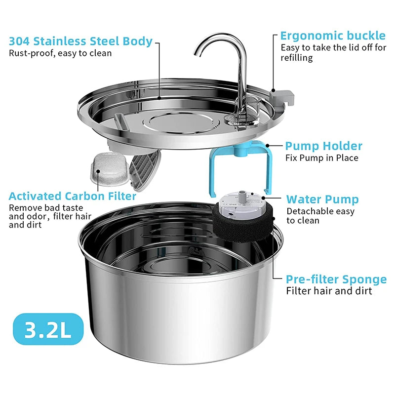 Edelstahl Katzenwasserbrunnen - Leiser USB Automatischer Futterspender mit Smart Filter™