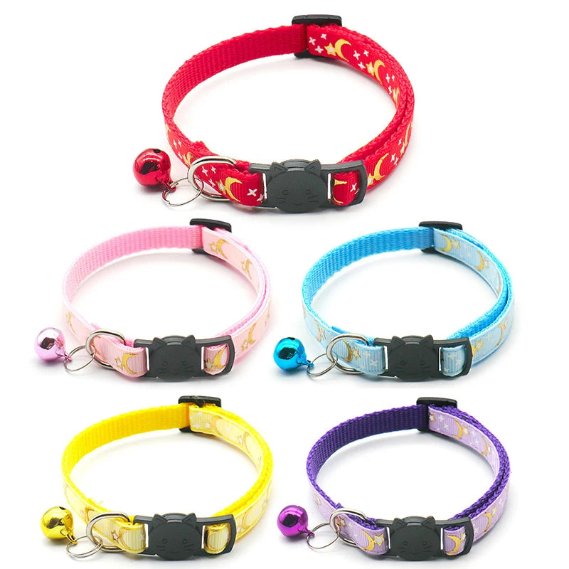 Gold stars & moon cat collar – reflective safety buckle with bell™