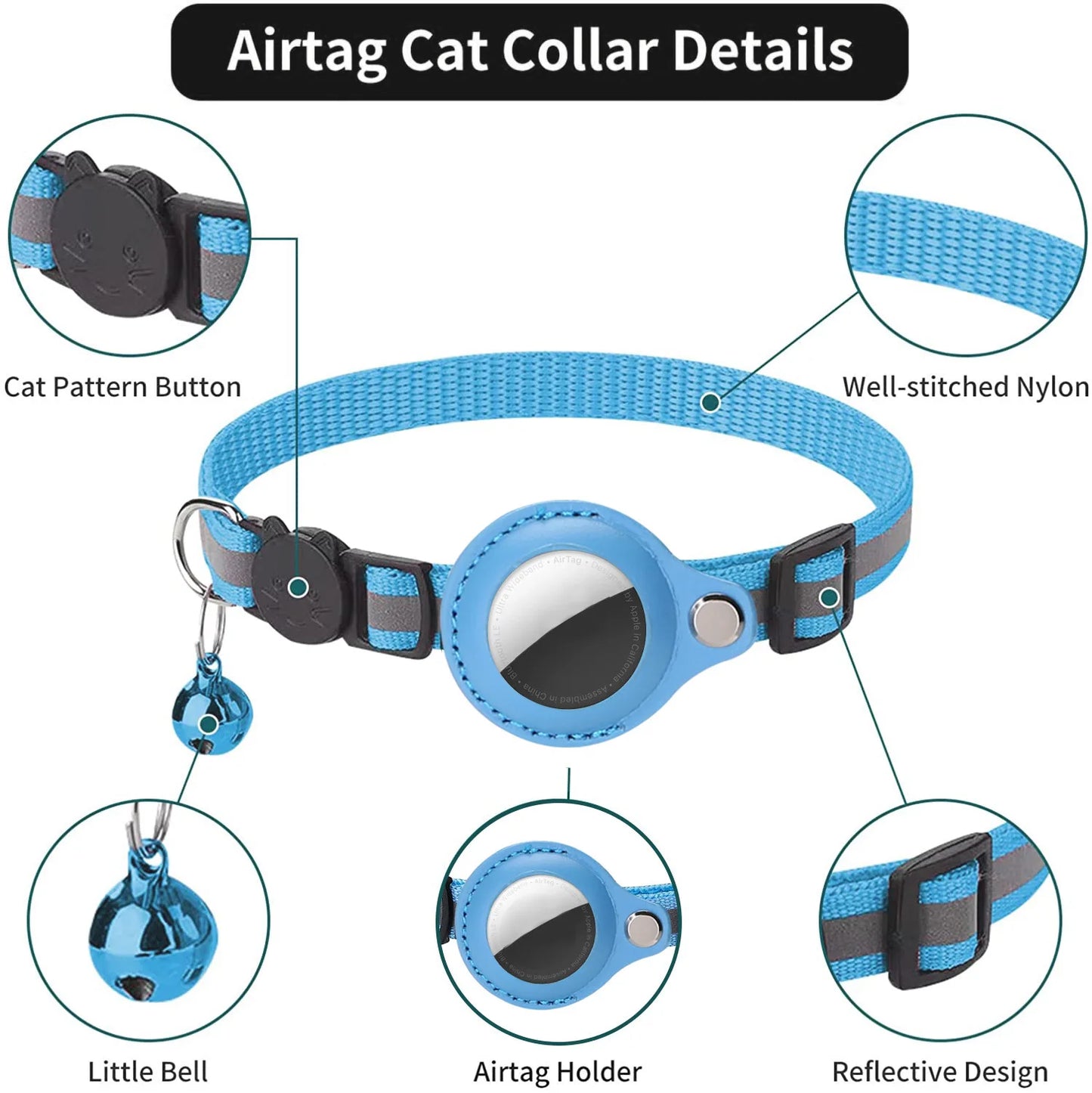 Katze AirTag Halter Halsband – Sicherheitsverschluss mit reflektierenden Streifen, verstellbar, wasserdicht mit Glocke™