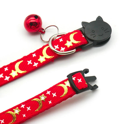 Gold stars & moon cat collar – reflective safety buckle with bell™