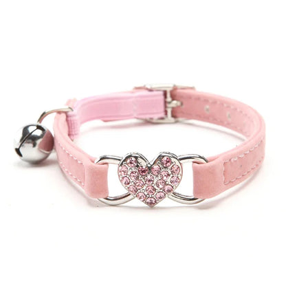 Heart charm pet collar – adjustable elastic with bell, soft velvet, 8 colors for small dogs & cats™