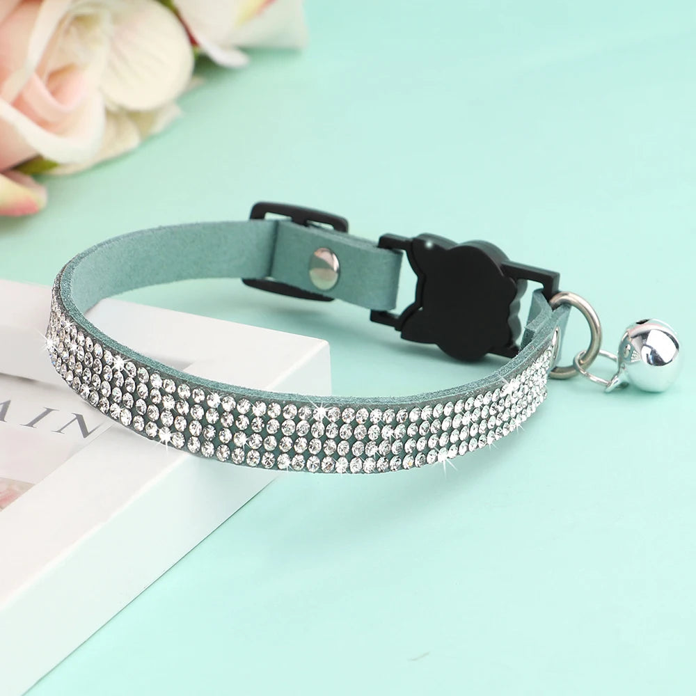 Suede leather cat collar – bling rhinestone with bell, safety breakaway, adjustable XS/S, pink™