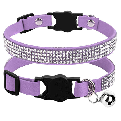 Suede leather cat collar – bling rhinestone with bell, safety breakaway, adjustable XS/S, pink™