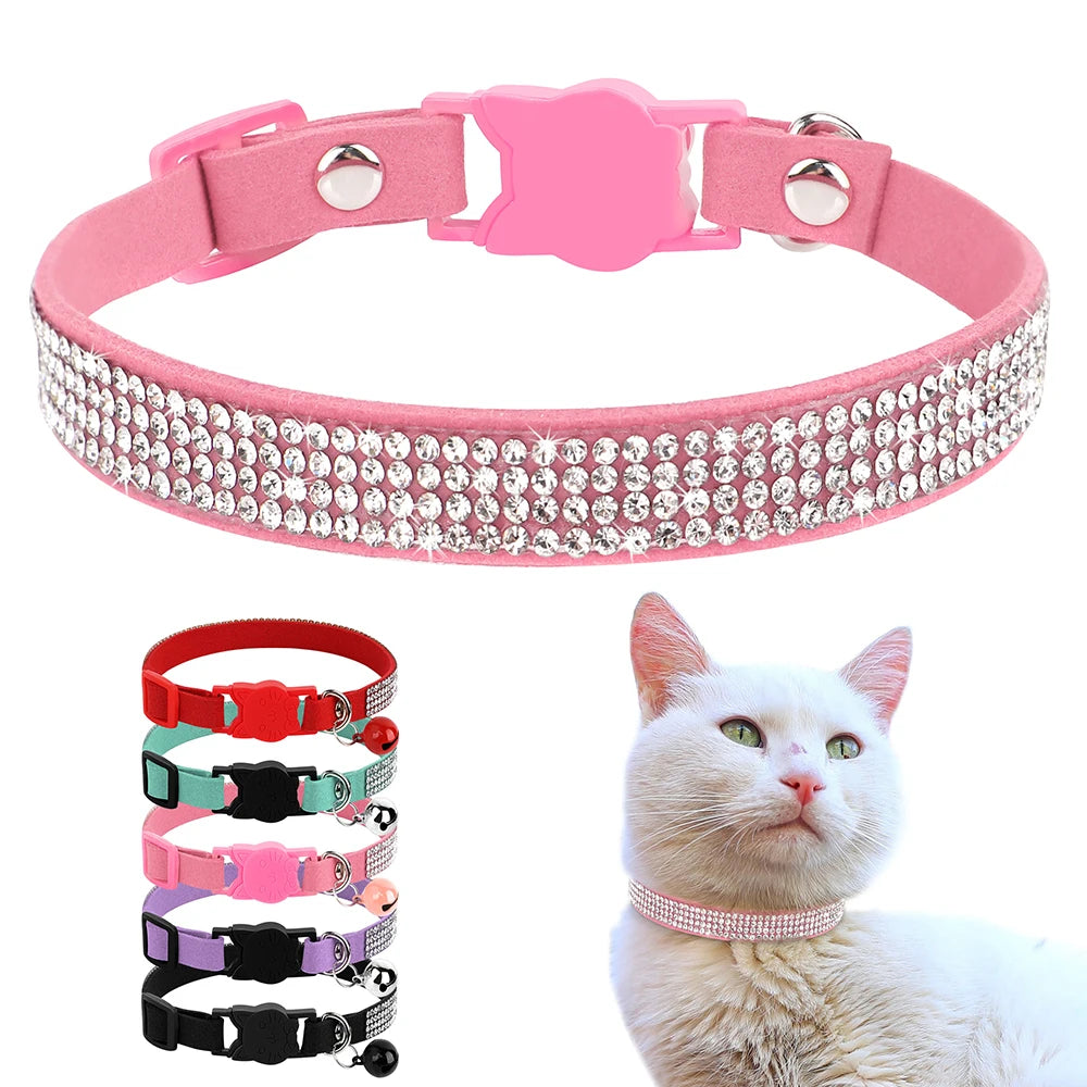 Suede leather cat collar – bling rhinestone with bell, safety breakaway, adjustable XS/S, pink™