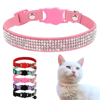 Suede leather cat collar – bling rhinestone with bell, safety breakaway, adjustable XS/S, pink™