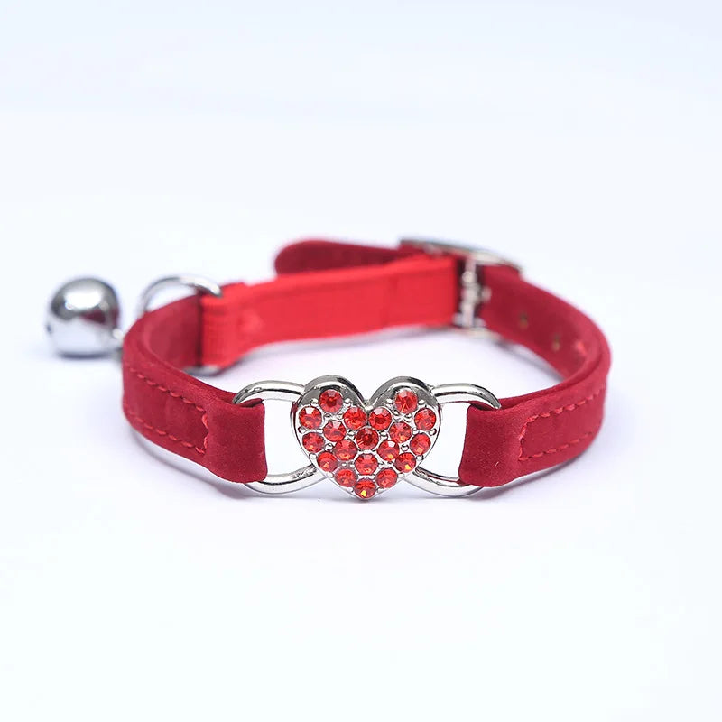 Heart charm pet collar – adjustable elastic with bell, soft velvet, 8 colors for small dogs & cats™