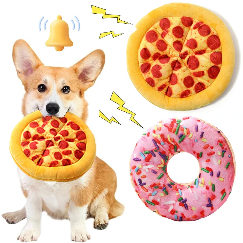 Plush dog toy – doughnut & pizza shape squeaky chew for small & large dogs™