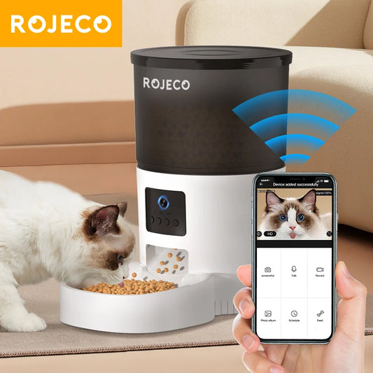 ROJECO automatischer Katzenfutterspender – intelligenter Futterspender für Haustiere mit Kamera, Sprachrekorder & Fernbedienung™