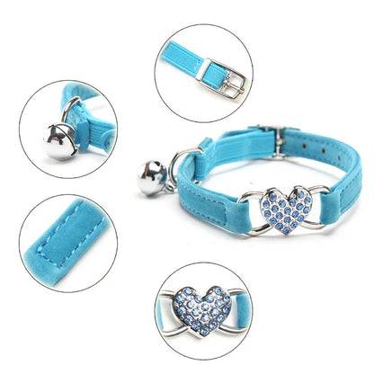 Heart charm pet collar – adjustable elastic with bell, soft velvet, 8 colors for small dogs & cats™