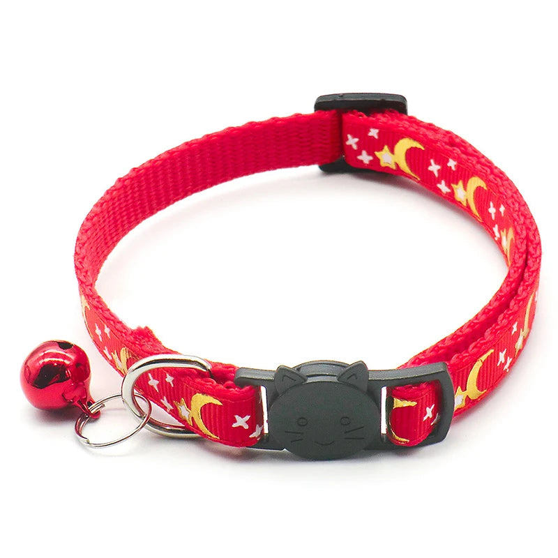 Gold stars & moon cat collar – reflective safety buckle with bell™