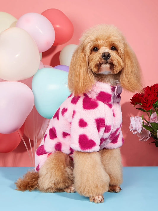 Super soft winter dog jacket – heart print plush hoodie for cold weather & holidays™