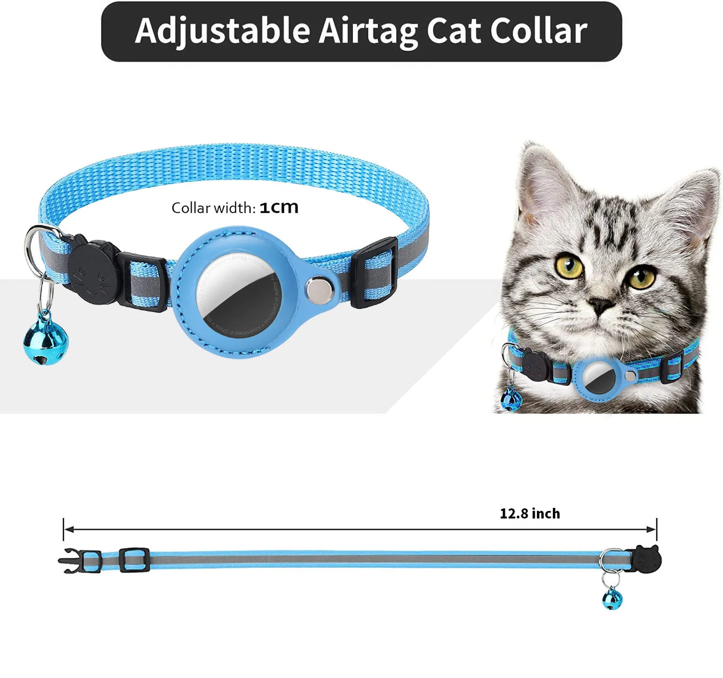 Katze AirTag Halter Halsband – Sicherheitsverschluss mit reflektierenden Streifen, verstellbar, wasserdicht mit Glocke™