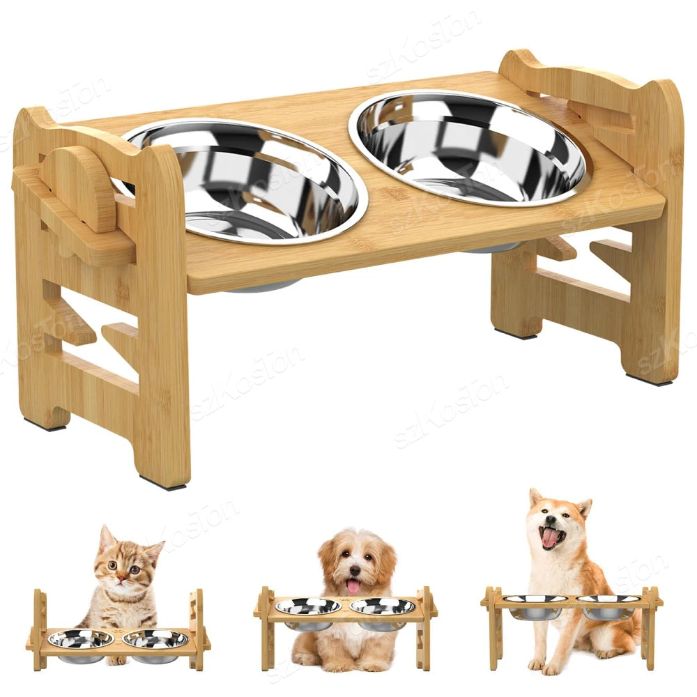 Elevated Bamboo Dog Bowls – Adjustable Feeder Stand with Stainless Steel Bowls for Puppies & Cats™