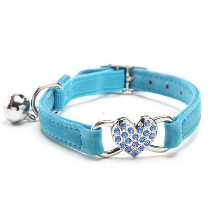 Heart charm pet collar – adjustable elastic with bell, soft velvet, 8 colors for small dogs & cats™