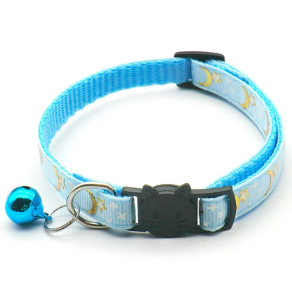 Gold stars & moon cat collar – reflective safety buckle with bell™