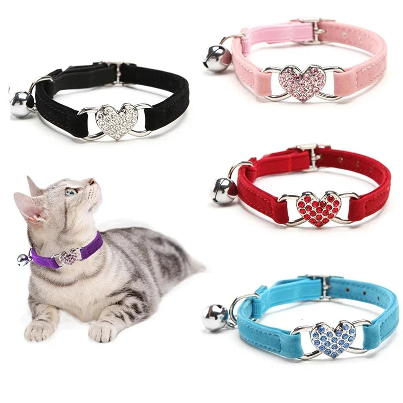 Heart charm pet collar – adjustable elastic with bell, soft velvet, 8 colors for small dogs & cats™