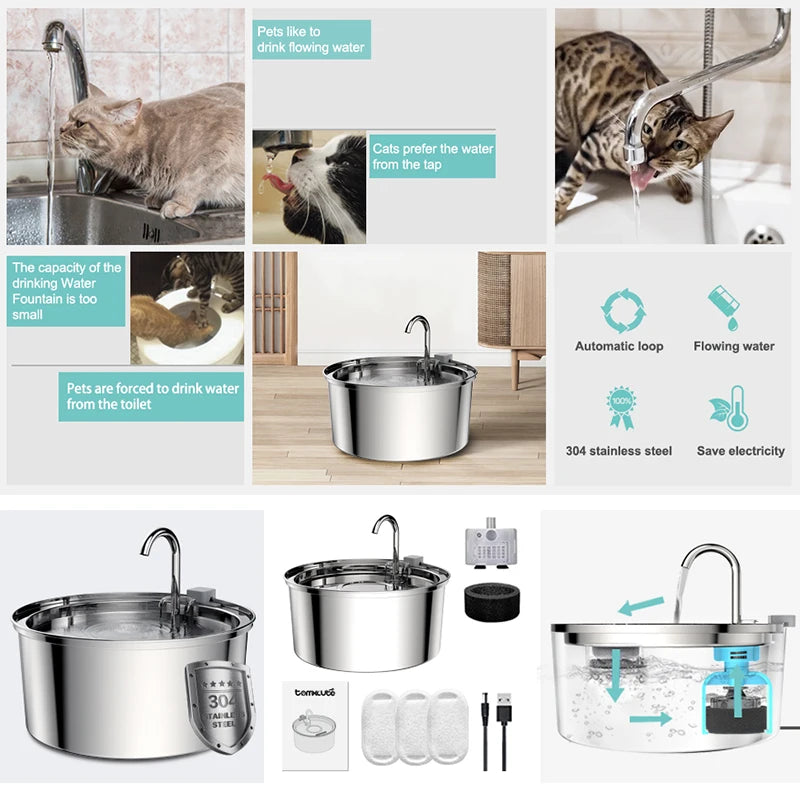 Edelstahl Katzenwasserbrunnen - Leiser USB Automatischer Futterspender mit Smart Filter™