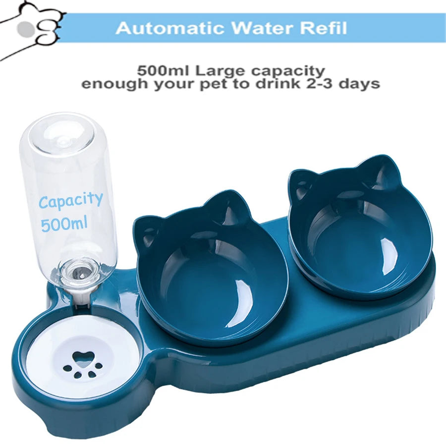 Cat Feeder - Dual Bowls & Automatic Water Dispenser, Tilted & Adjustable™