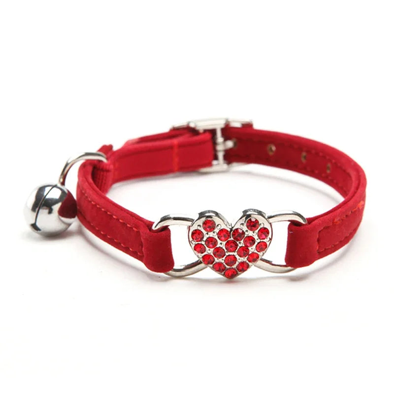 Heart charm pet collar – adjustable elastic with bell, soft velvet, 8 colors for small dogs & cats™