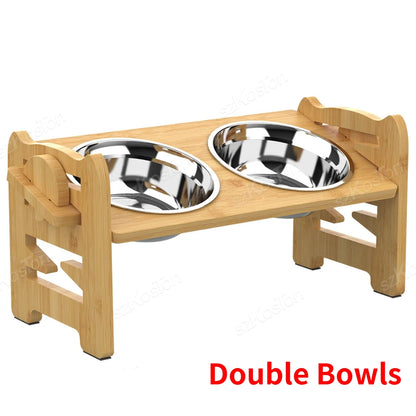 Elevated Bamboo Dog Bowls – Adjustable Feeder Stand with Stainless Steel Bowls for Puppies & Cats™