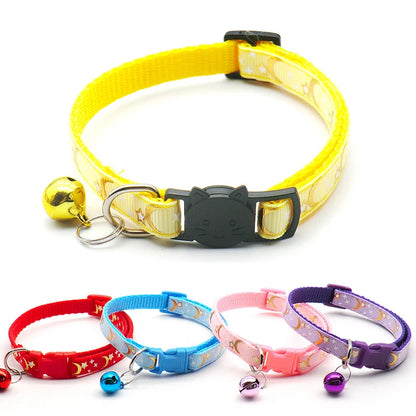 Gold stars & moon cat collar – reflective safety buckle with bell™