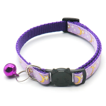 Gold stars & moon cat collar – reflective safety buckle with bell™