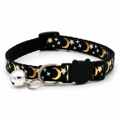 Gold stars & moon cat collar – reflective safety buckle with bell™