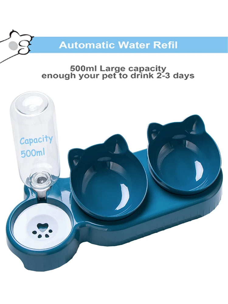 Cat Feeder - Dual Bowls & Automatic Water Dispenser, Tilted & Adjustable™